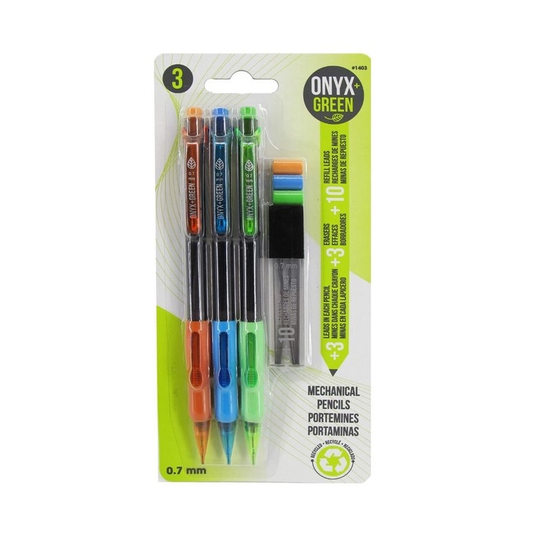 Onyx + Green Mechanical Pencils Bonus 3 Leads/3 Erasers Recycled PET (3 Pack)