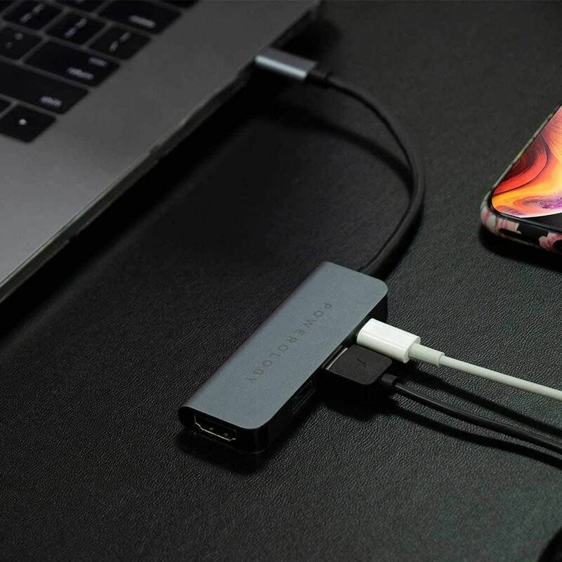 Powerology 4-In-1 USB-C Hub with HDMI & USB 3.0 Grey
