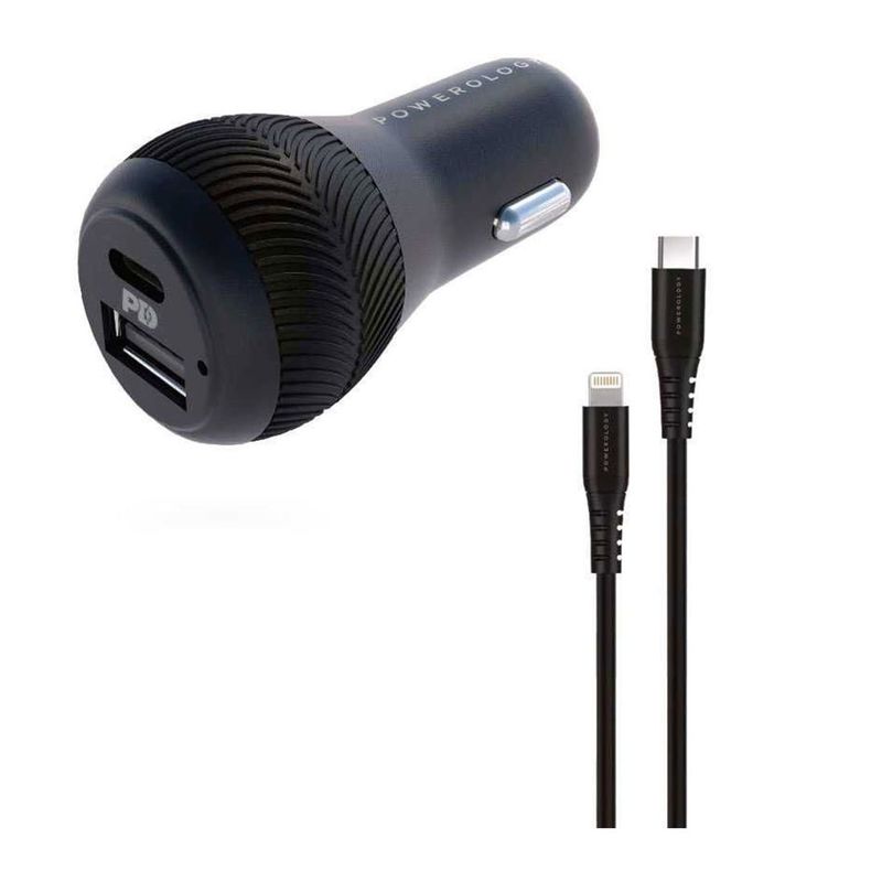 Powerology Dual Port Car Charger 30W USB 2.4A + PD 18W with Type-C to MFI Lighting Cable 0.9M Black