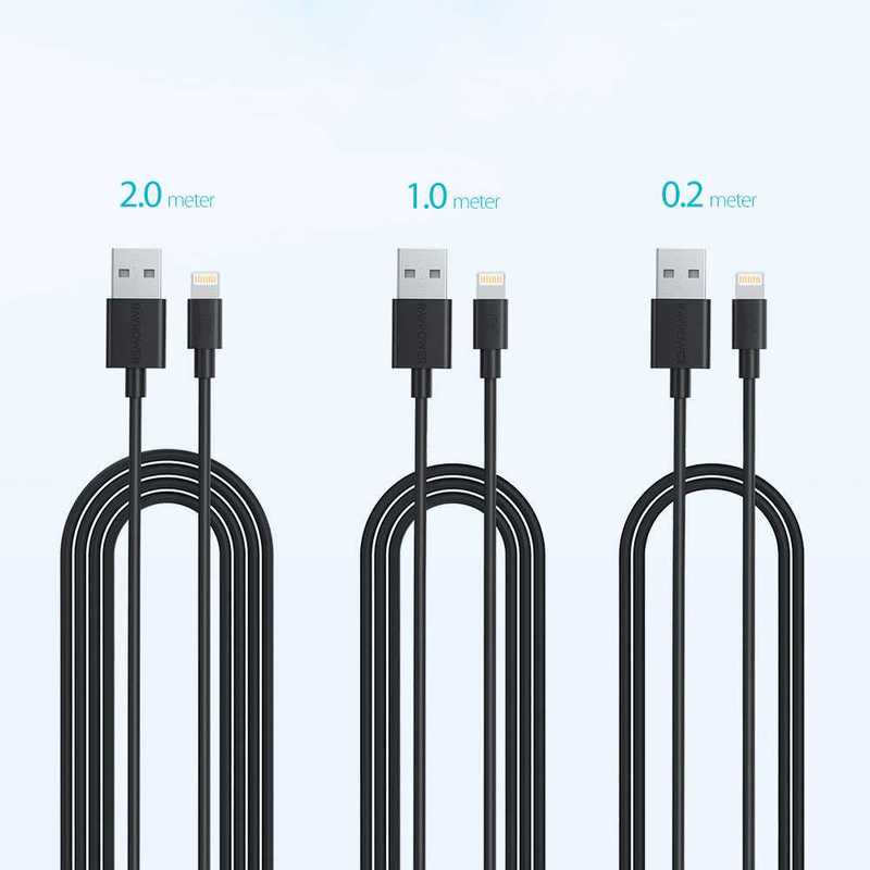 RAVPower USB Cable with Lightning Connector Black (2m/1m/0.2m) (Pack of 3)