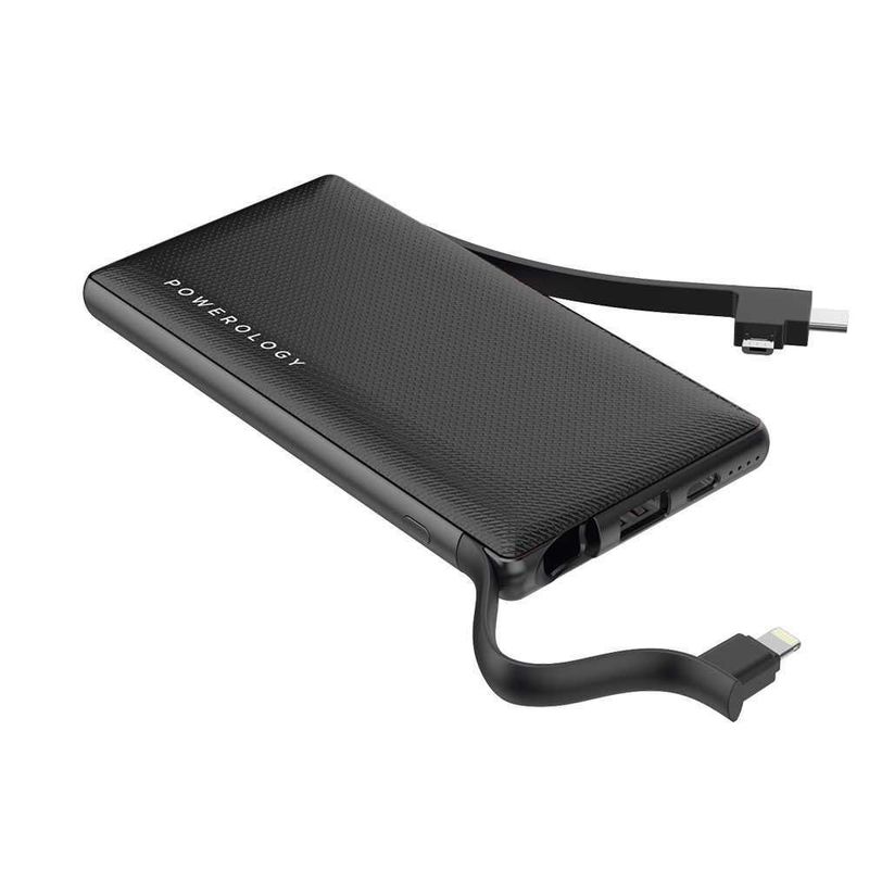 Powerology 6 In 1 10000mAh 2.1A with Built In Cable Black Power Station