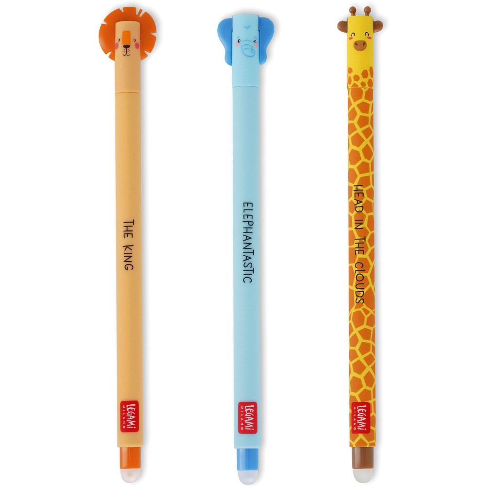 Legami Erasable Gel Pens - Set of 3 - Lion / Elephant / Giraffe