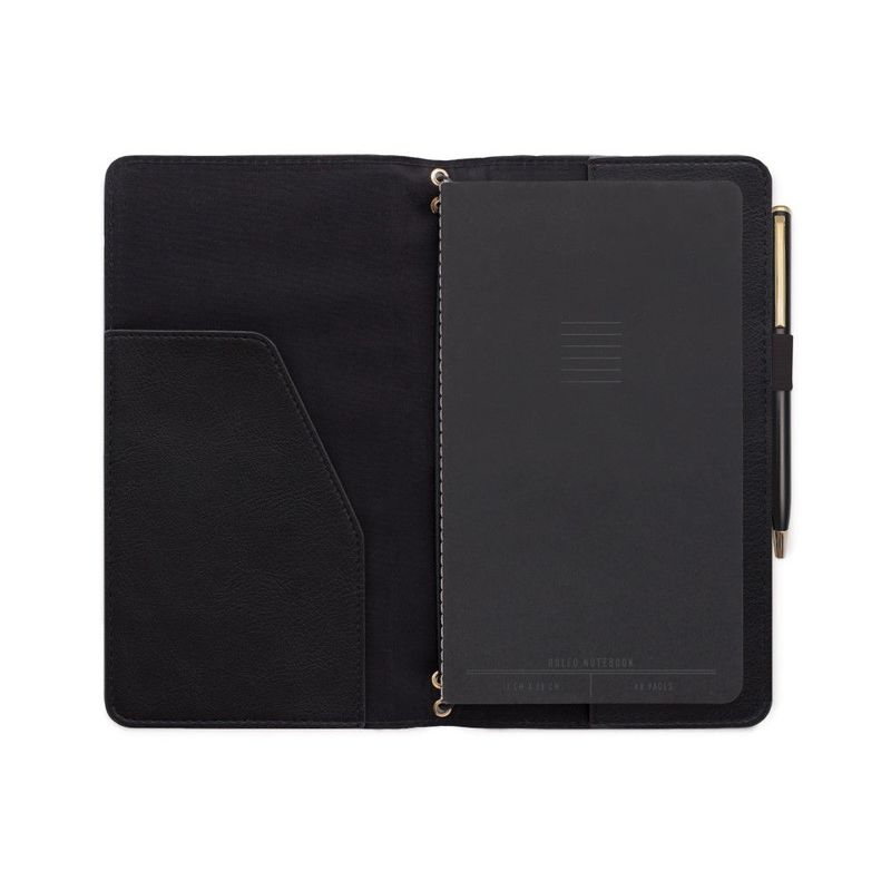 Designworks Leatherette Folio With Pen And Notebook Black With Solid Black Fabric Liner
