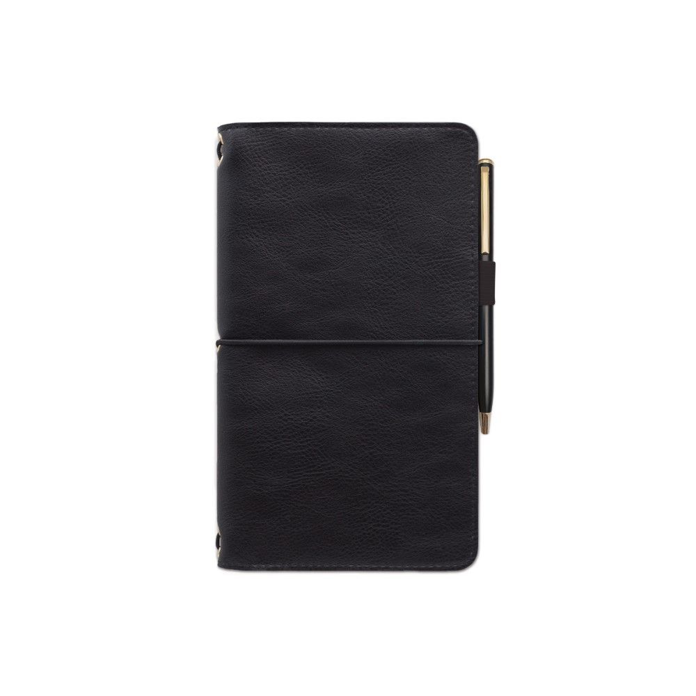 Designworks Leatherette Folio With Pen And Notebook Black With Solid Black Fabric Liner