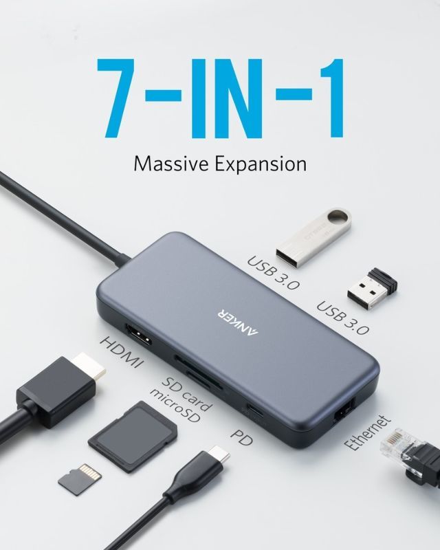 Anker Premium 7-In-1 1H 1C 2A 2M 1E Gray USB-C Hub