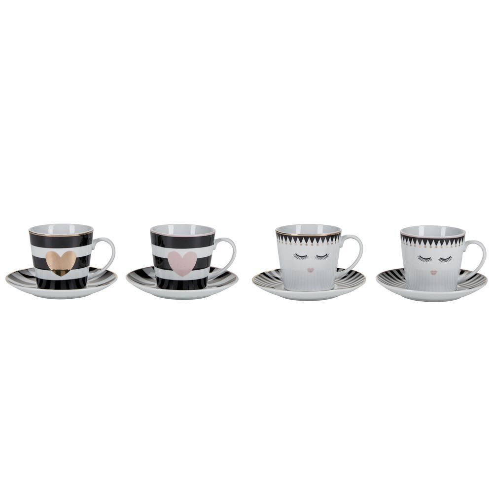 Miss Etoile Closed Eyes/Stripes and Heart Coffee Cups with Saucers (Set of 4)