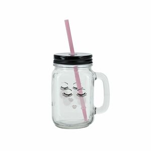 Miss Etoile Glass with Handle Closed Eyes Black Lid Rose Straw 450ml