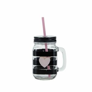 Miss Etoile Glass with Handle Rose Heart Black Lid Rose Straw 450ml