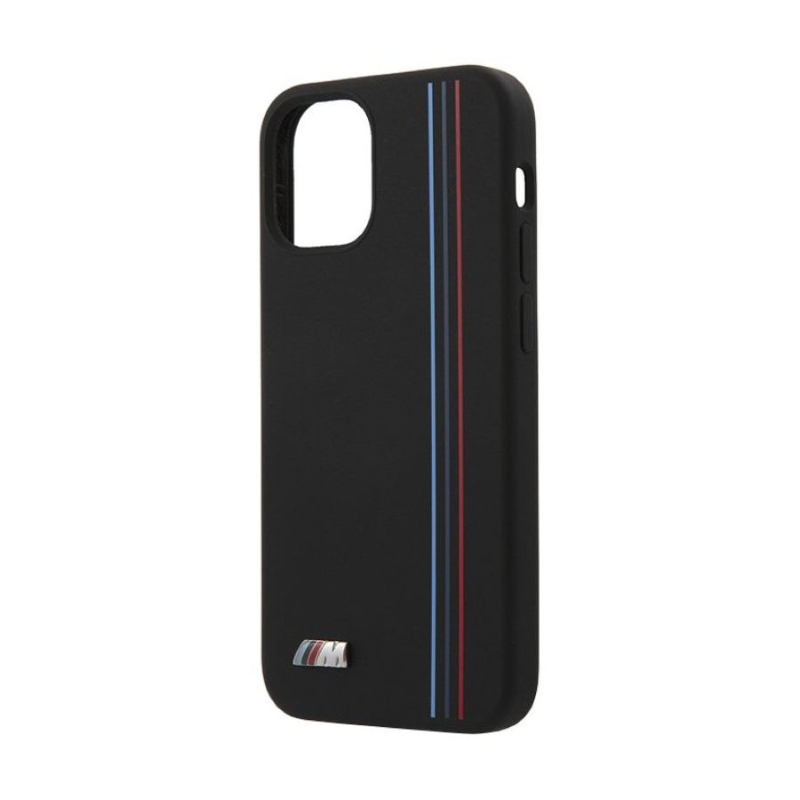 BMW M Collection Liquid Silicone Hard Case Tricolor Vertical Lines Metal Logo Black for iPhone 12 Mini