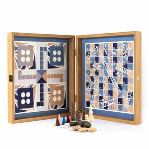 Manopoulos 4-in-1 Game Navy Blue Style - Chess/Backgammon/Ludo/Snakes & Ladders - Medium (34 x 34 cm)
