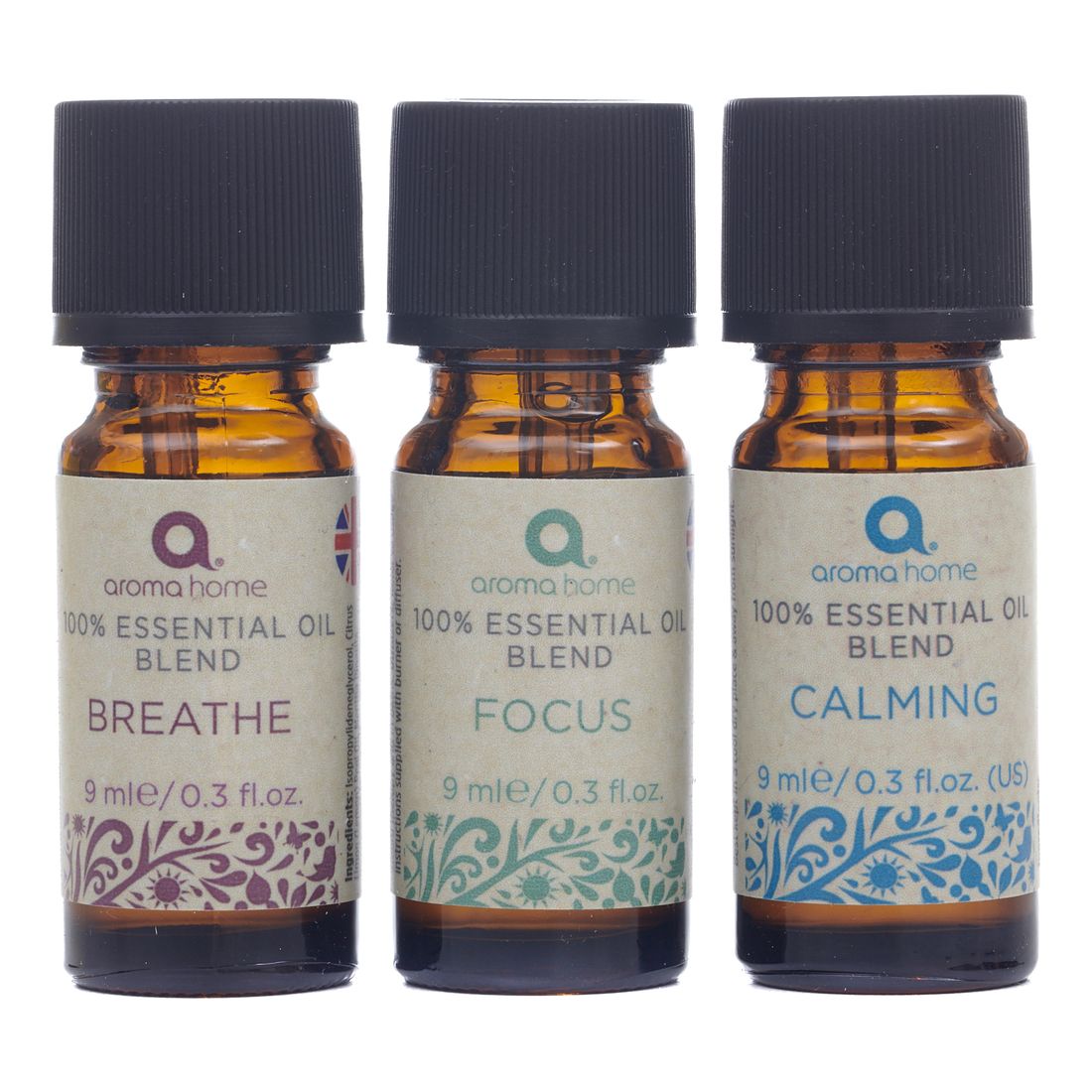 Aroma Home Mindfulness 100% Essential Oils Breathe/Focus/Calming (3x 9ml)