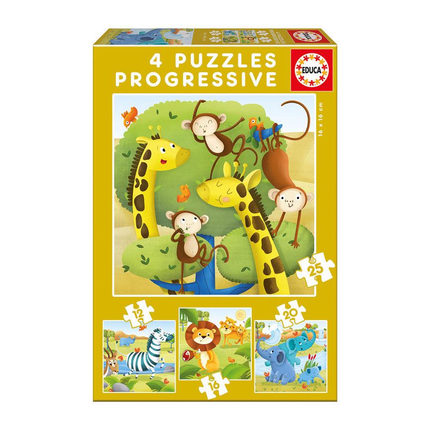 Educa 12-16-20-25 Pcs Wild Animals Progressive Jigsaw Puzzles (Set of 4)