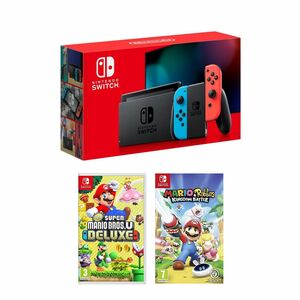 Nintendo Switch Console with Neon Joy-Con + New Super Mario Bros. U Deluxe + Mario + Rabbids Kingdom Battle