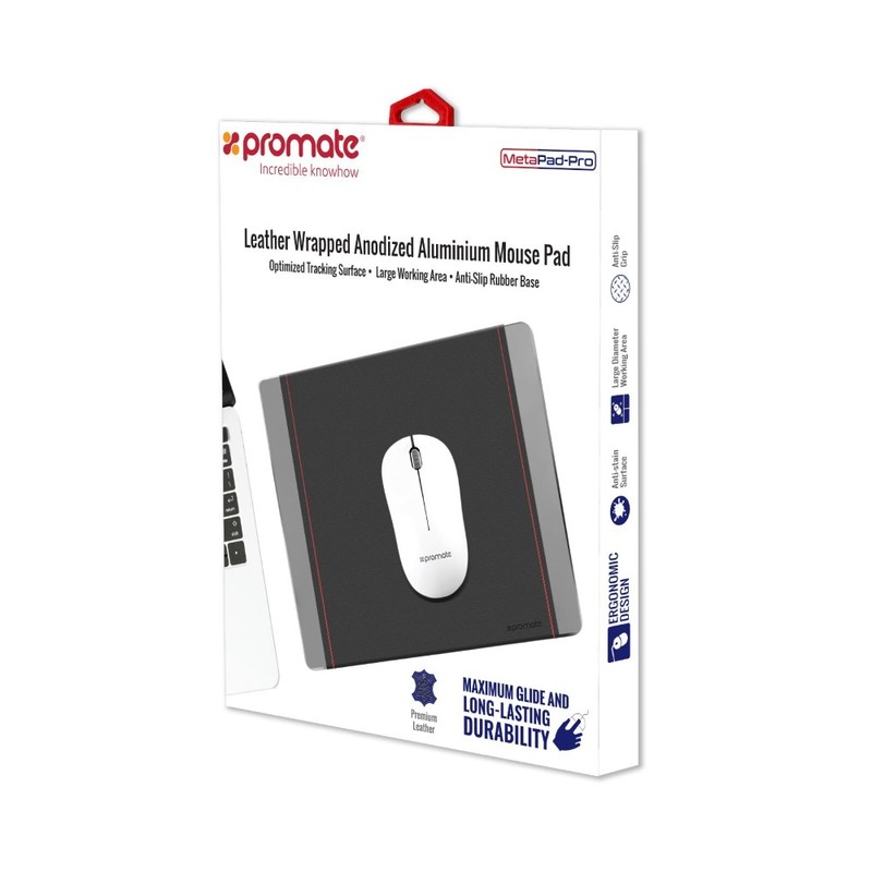 Promate Metapad-Pro Lightweight Rectangular Aluminium Mouse Pad With Leather Wrap 30 X 24cm Grey
