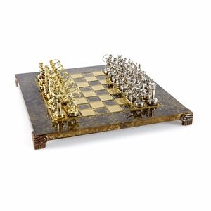 Manopoulos Chess Set Archers - Bronze Chessboard with Gold/Silver Chessmen - Small (28 x 28 cm)