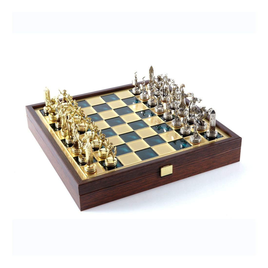 Manopoulos Chess Set Greek Mythology - Antique Turquoise Chessboard in Wooden Box with Gold/Silver Chessmen - Medium (34 x 34 cm)