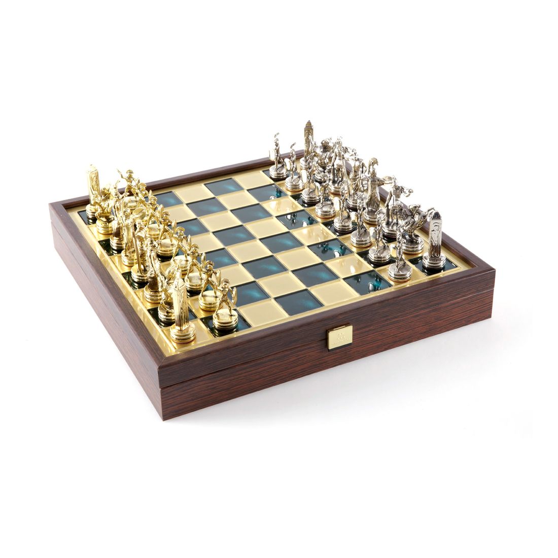 Manopoulos Chess Set Greek Mythology - Green Chessboard in Wooden Box with Gold/Silver Chessmen - Medium (34 x 34 cm)