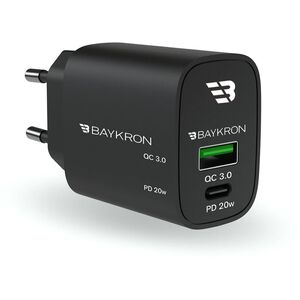 Baykron 36W Fast Charging Dual Port Wall Charger With Type-C Power Delivery 20W+QC3.0 UK - Black