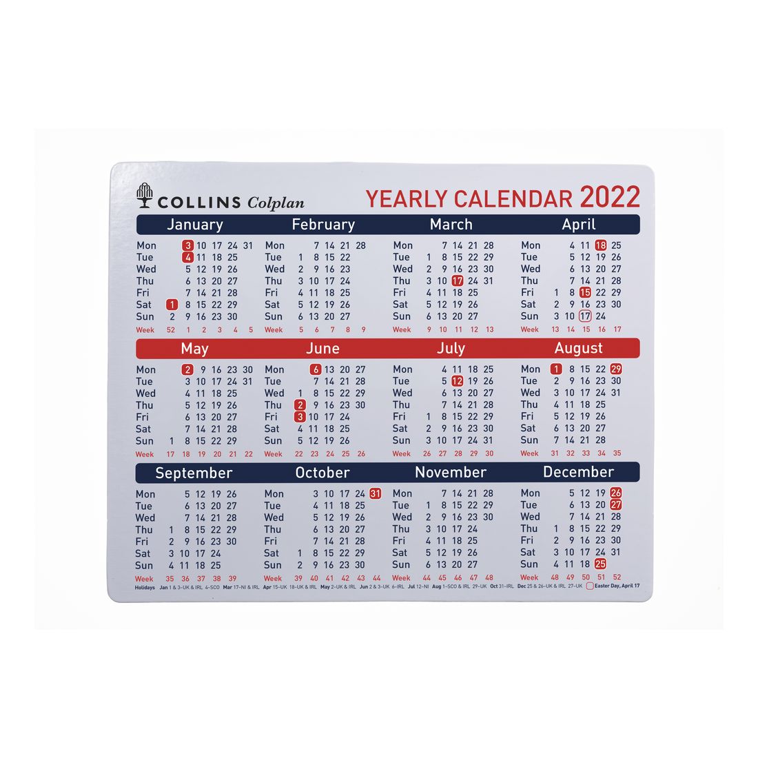 Collins Debden Colplan A4 Yearly Calendar 2022