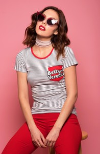 Betty & Veronica Logo Pocket Black Stripe T-Shirt Black/White/Red