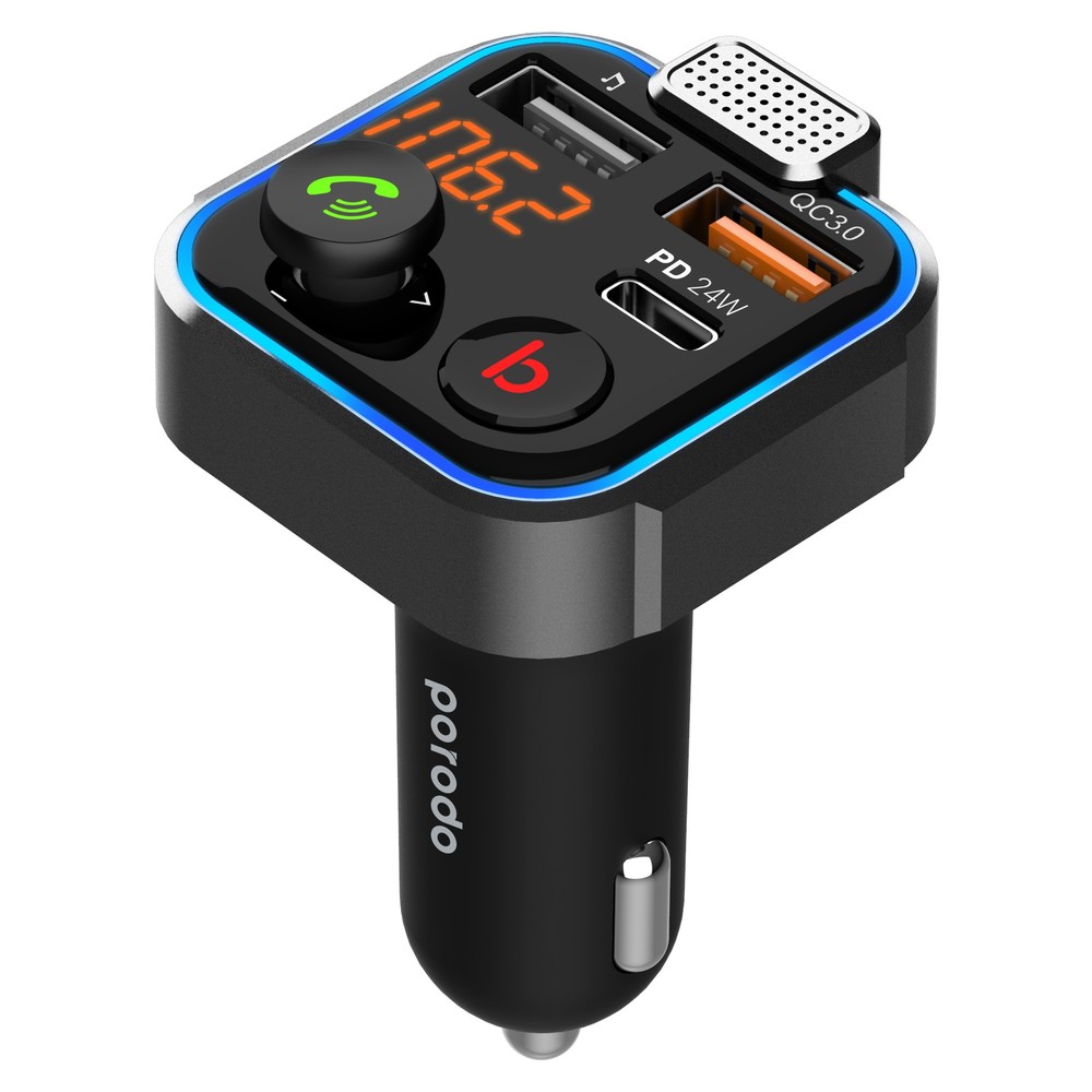 Porodo Smart Car Charger FM Transmitter with 24W PD Port & QC 3.0 Black