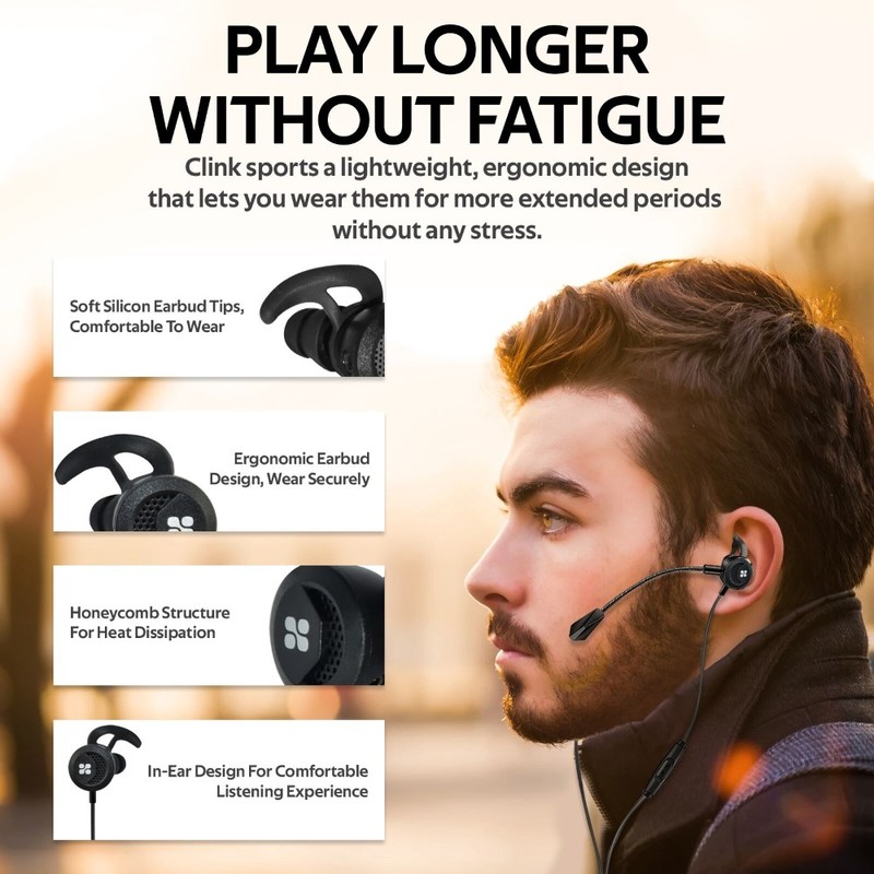 Promate Clink Wired Gaming In-Ear Earphones With Detachable Mic And Ear Hooks Black