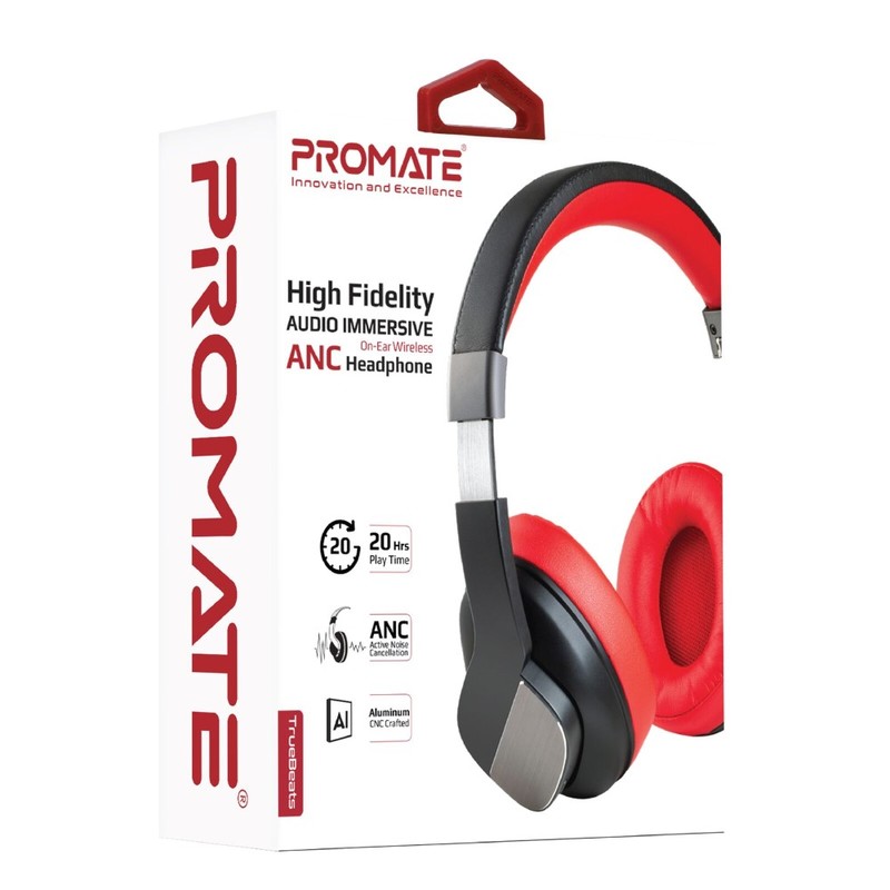 Promate Truebeats Foldable Bluetooth V4.1 Over-Ear Headphones Red