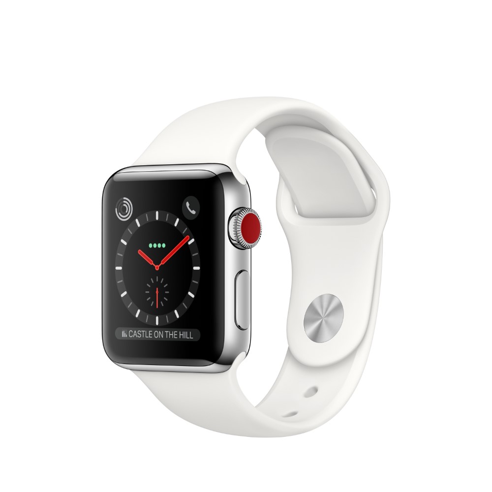 Apple Watch Series 3 GPS + Cellular 38mm Stainless Steel Case with Soft White Sport Band