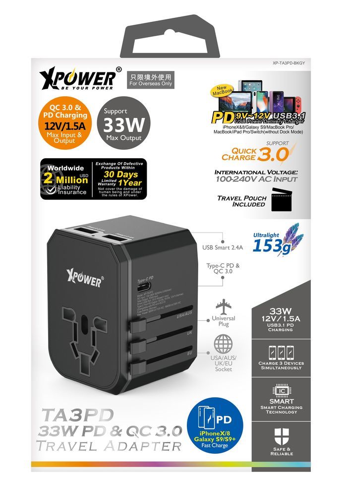 XPower TA3PD Grey Travel Adapter