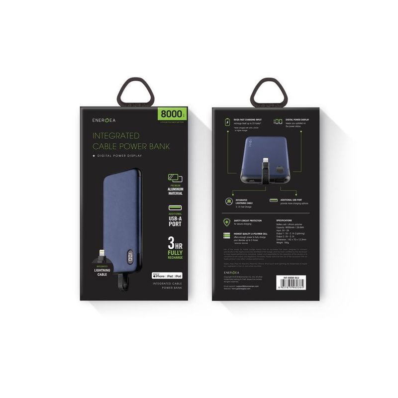 Energea Alu 8000mAh Blue Power Bank with Lightning Cable