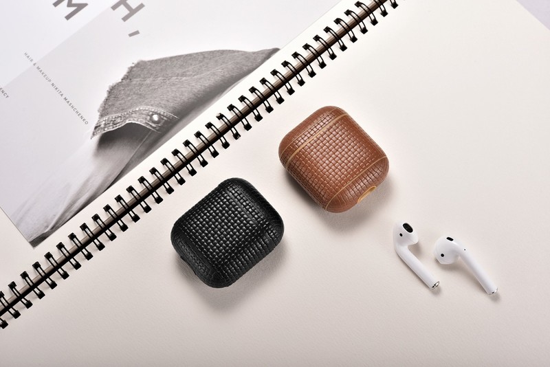 More.Plus Woven Pattern Series Leather Case Brown for AirPods