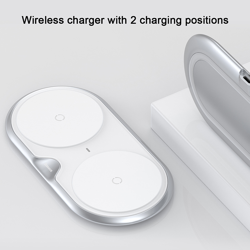 Baseus Dual Wireless Charger Silver + Wall Charger & Cable