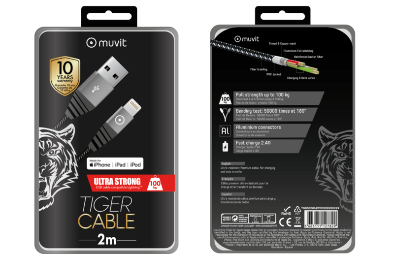 Muvit Tiger Cable Ultra Resistant MFI Lightning Cable 2.4A 2M Grey