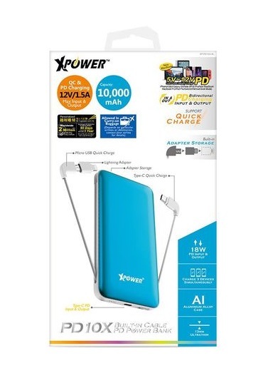 XPower PD10X 10000mAh 3-in-1 Built-In Cable Power Bank Blue