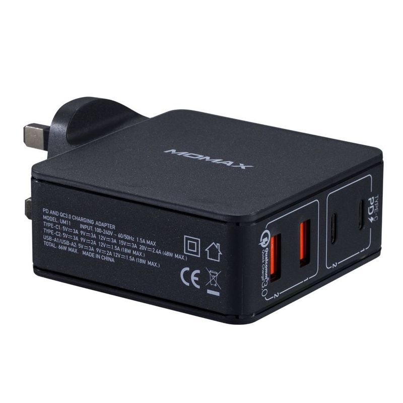 Momax One Plug 4-Port Type-C + Qc3.0 Fast Charger Black