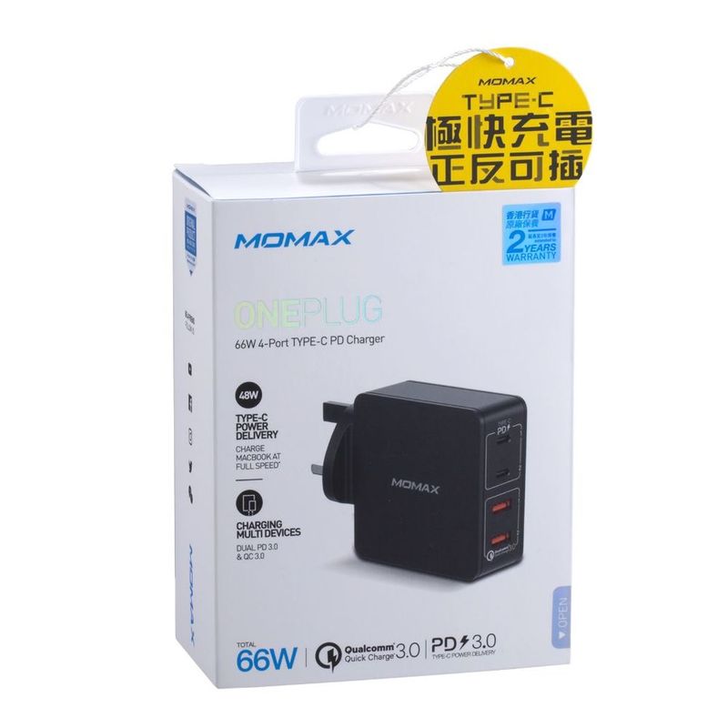 Momax One Plug 4-Port Type-C + Qc3.0 Fast Charger Black