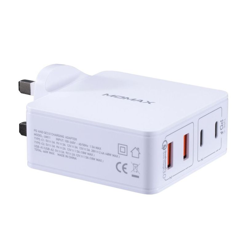 Momax One Plug 4-Port Type-C + Qc3.0 Fast Charger White