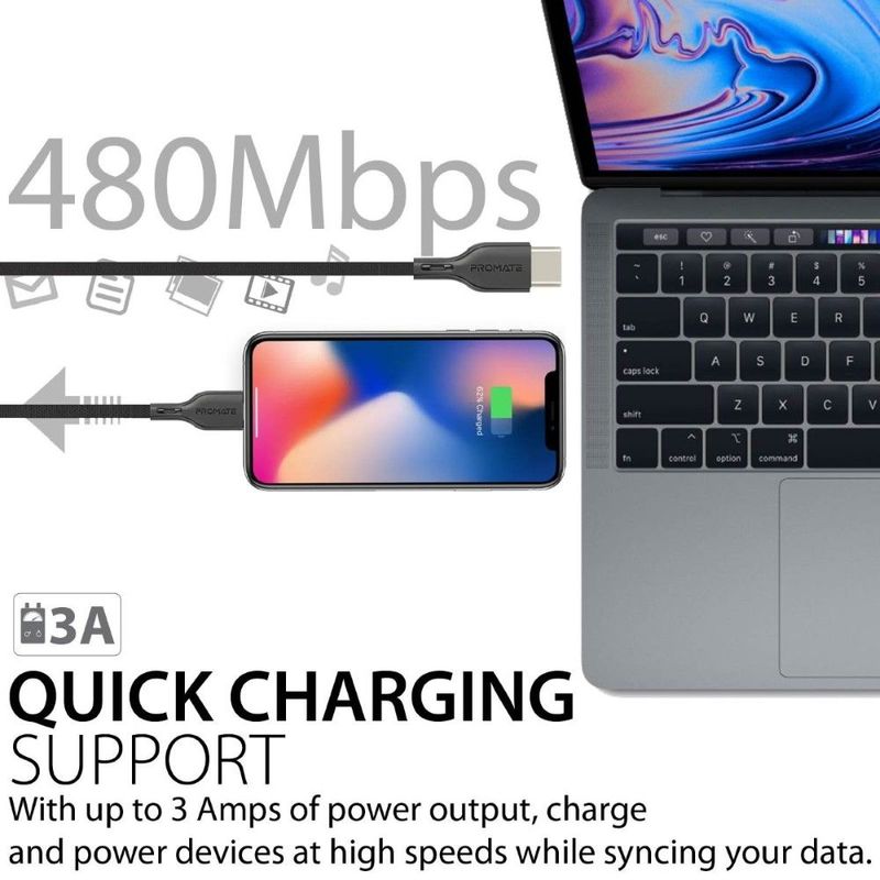 Promate Powerlink Black USB-C to Lightning MFi Certified Cable 1.2M