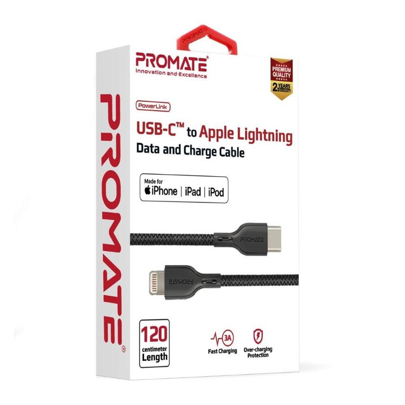 Promate Powerlink Black USB-C to Lightning MFi Certified Cable 1.2M