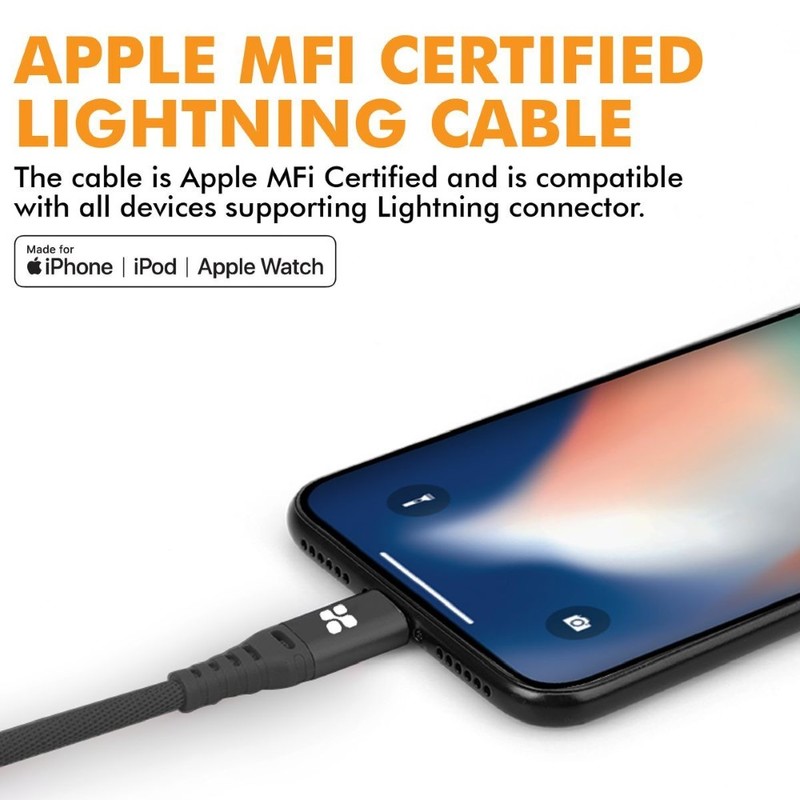 Promate Nervelink-i2 Black MFi Certified Nylon Mesh Braided USB-A to Lightning Cable 2M