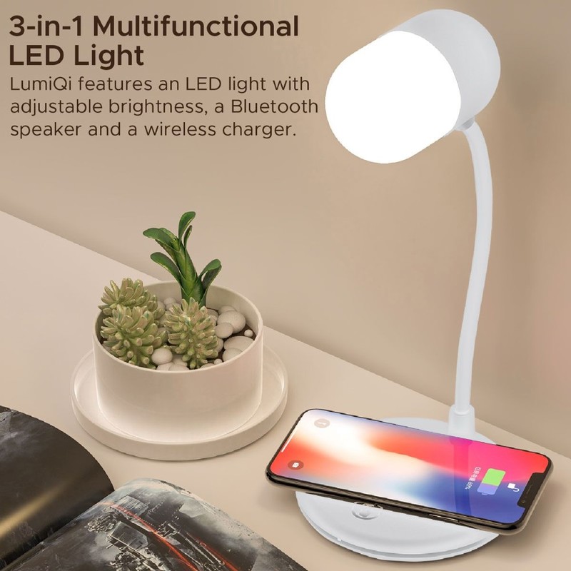 Promate LumiQi White Bluetooth Speaker with LED Lamp and 5W Wireless Charger