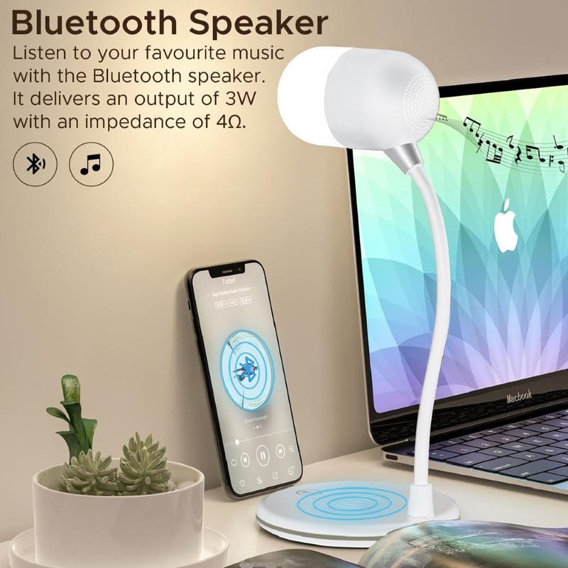 Promate LumiQi White Bluetooth Speaker with LED Lamp and 5W Wireless Charger
