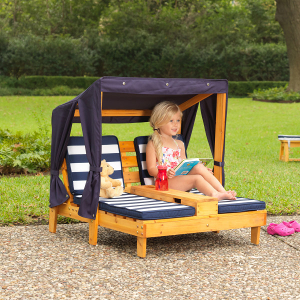Kidkraft Outdoor Double Chaise Lounge With Cup Holders Honey & Navy Blue