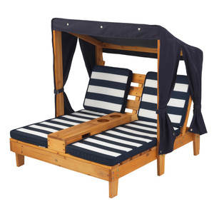 Kidkraft Outdoor Double Chaise Lounge With Cup Holders Honey & Navy Blue