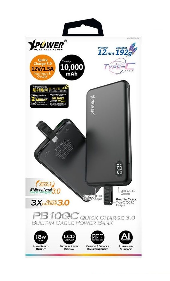 XPower PB10Qc 10000mAh Power Bank Black with Type-C Cable