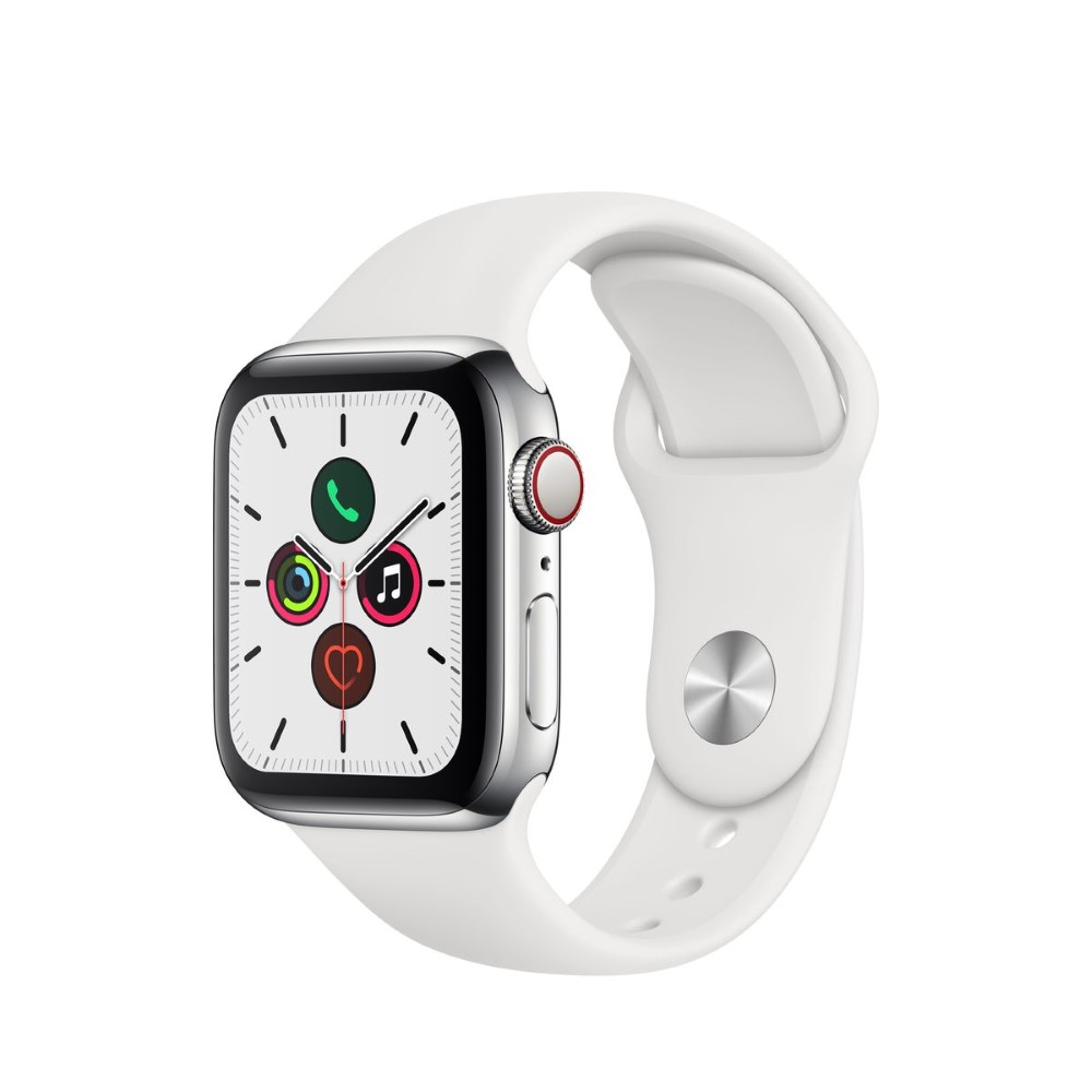 Apple Watch Series 5 GPS + Cellular 40mm Stainless Steel Case with White Sport Band S/M & M/L