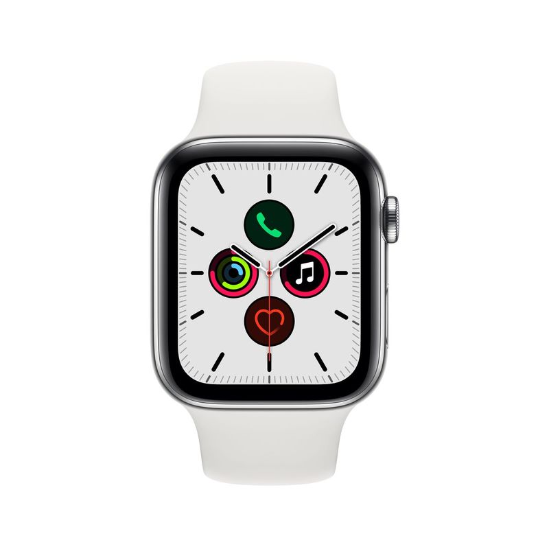 Apple Watch Series 5 GPS + Cellular 44mm Stainless Steel Case with White Sport Band S/M & M/L