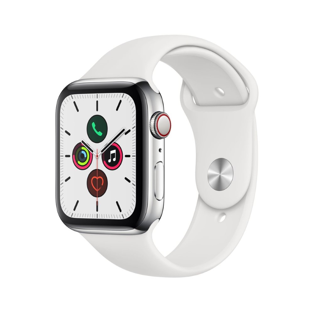 Apple Watch Series 5 GPS + Cellular 44mm Stainless Steel Case with White Sport Band S/M & M/L