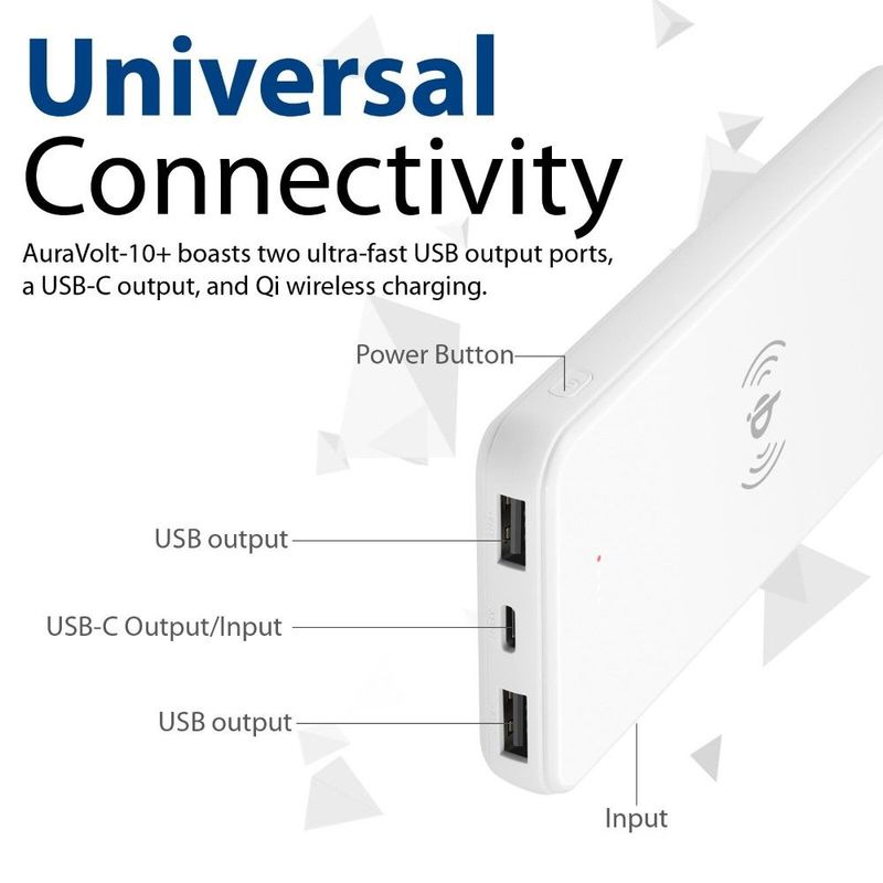 Promate Auravolt-10+ 10000mAh 2 Ports Wireless Charging Power Bank White