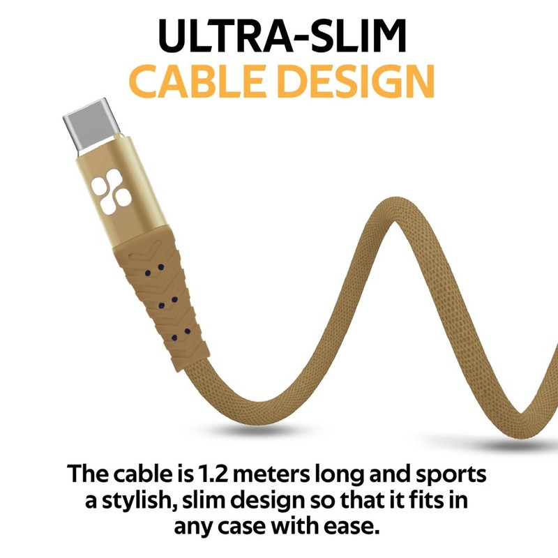Promate Nervelink-C USB-A To USB-C Fabric Braided Data Sync & Charge Cable Gold